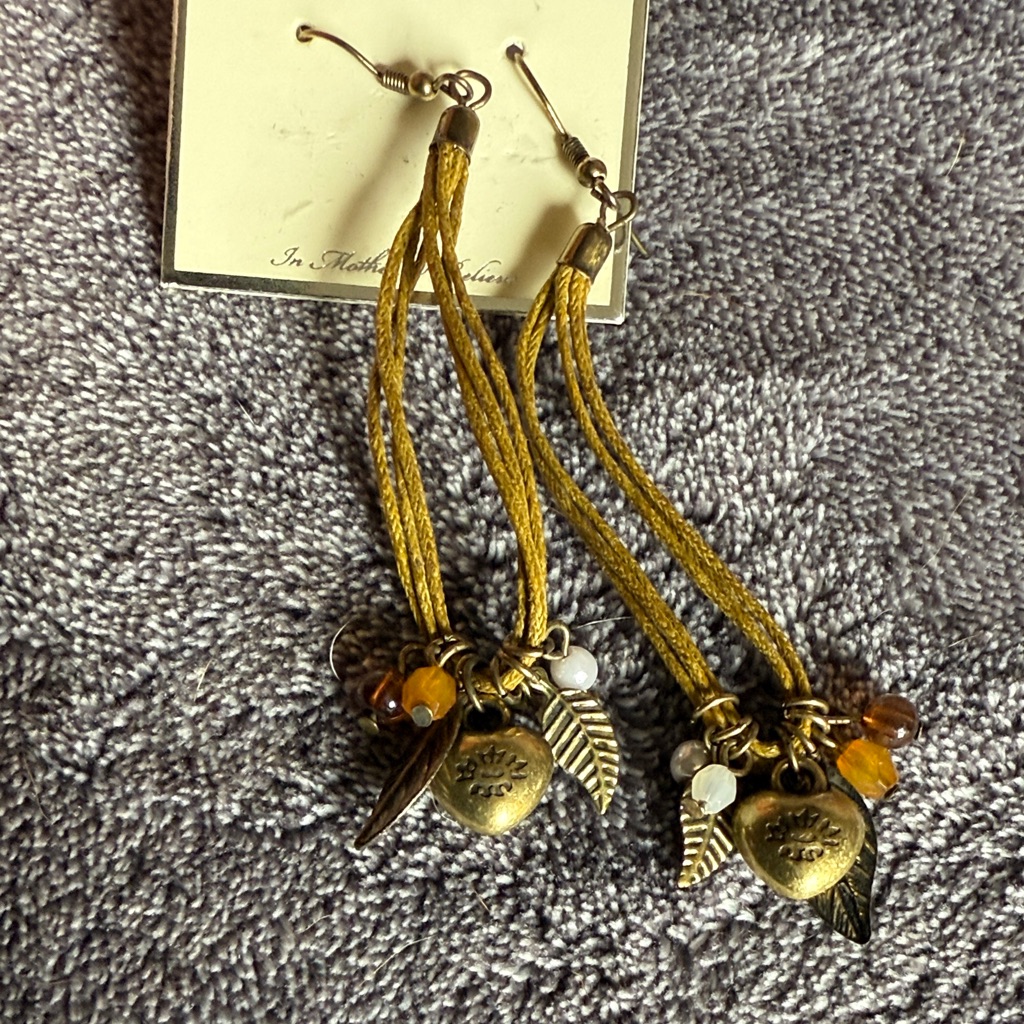 Nwt Rue21 Gold Brown Heart Feathers Charm Earrings Rustic Boho Bohemian 12$